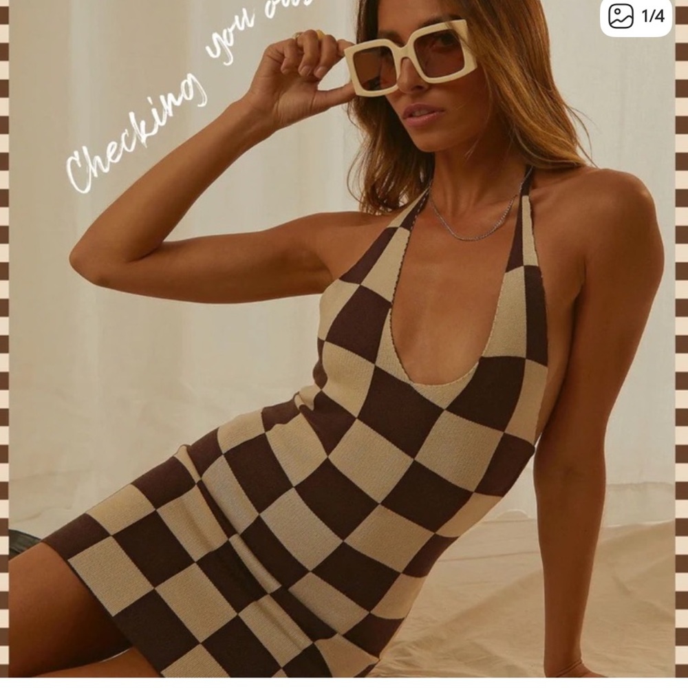 Peppermayo Halter Neck Brown and Cream Mini Dress